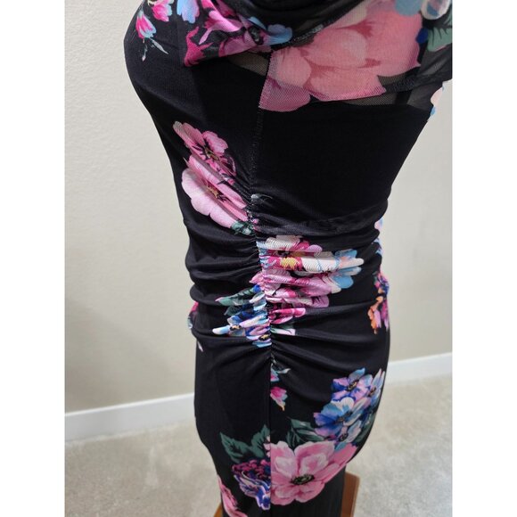 Floral Long-Sleeve Black Mesh Midi Dress With Ruched Design & High Neckline - Picture 6 of 10